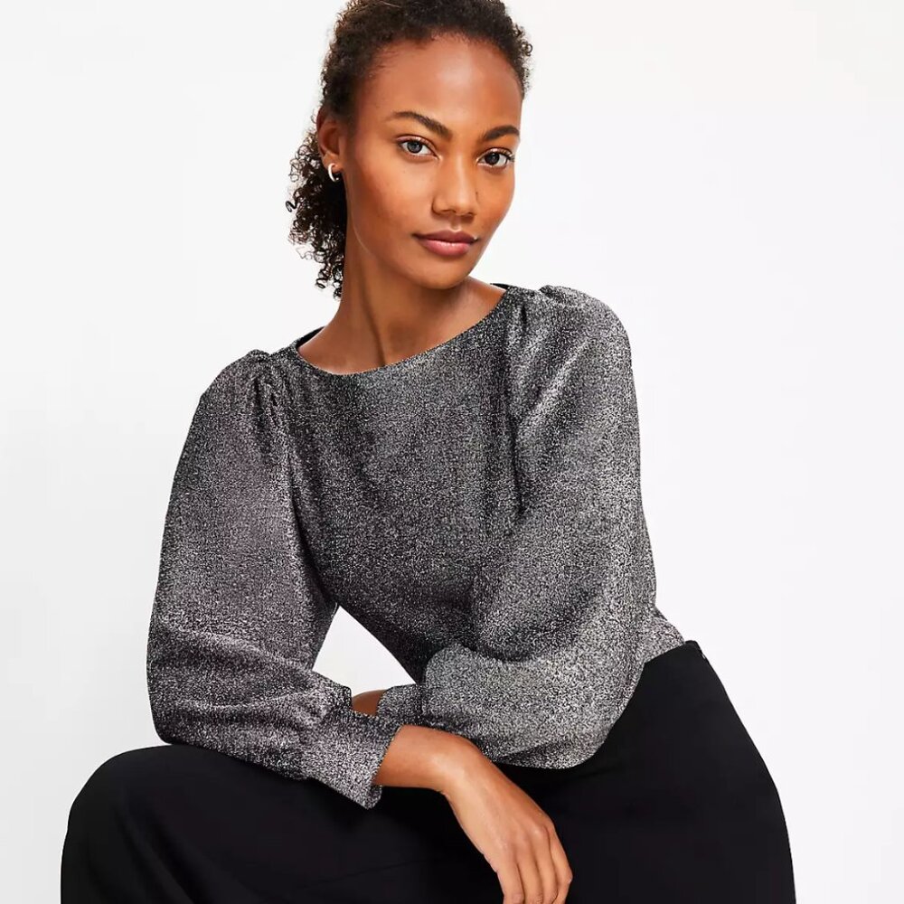 NWT LOFT Metallic Draped Sleeve Boatneck Top, Silver Small (S)